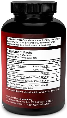 Divine Bounty D-Mannose 600mg with Cranberry & Dandelion Extract, 120 Caps | UTI