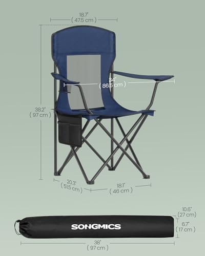SONGMICS Camping Chair, Folding Oversized Chair, Comfortable and Heavy-Duty, 352 lb Weight Capacity, Adjustable Armrests with Cooler Bag, Storage Bag, Breathable Mesh, Bijou Blue UGCB060Q01
