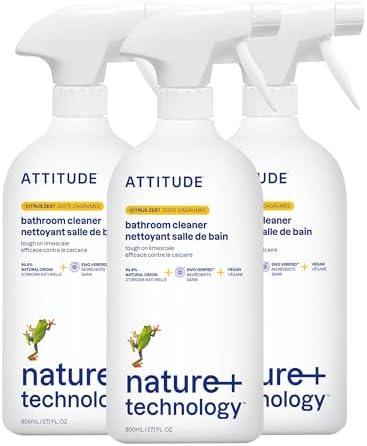 ATTITUDE Bathroom Cleaner Spray, EWG Verified, Plant-Based & Vegan, Safe for Bathroom Surfaces, Tiles, Tubs, Shower Walls, and Grout, Citrus Zest Scent, 27.1 Fl Oz