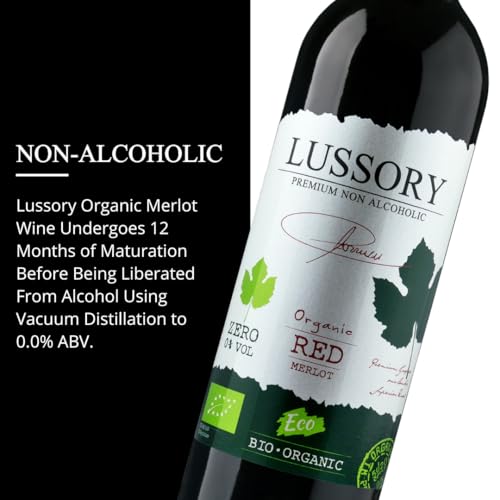 Lussory Organic Merlot Dealcoholized 0.0% Non Alcoholic Wine Red From Spain, Low Calories, Organic, Vegan (750ml, 1 Bottle)