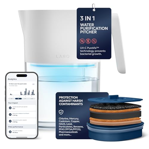 LARQ PureVis 3-in-1 Water Filter Pitcher, UV-C Purifier & App, 8 Cup,M.Blue | Water purifier pitcher & fridge water jug: removes lead & PFAS, keeps minerals, self-cleans UV-C, tracks filter life & intake
