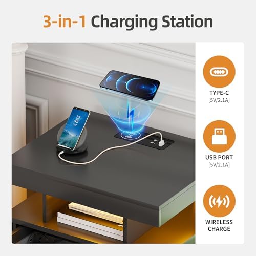 Lockable Night Stand with Gun Drawer,Charging Station,LED Lights,White | LED Nightstand with Charging Station,Farmhouse Bedside Table with 3-Color Light,End Table with 3 Drawers,Bedroom