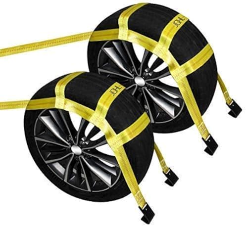 Tow Dolly Basket Straps with Flat Hooks (2 Pack) Yellow Car Wheel Straps Universal Vehicle Tow Dolly Strap System Fits 15"-19" Tires Wheels 10000