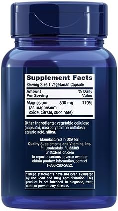 Life Extension Magnesium Caps, 500 mg, Magnesium Oxide, Citrate, and Succinate, Heart Health, Healthy Bones, Metabolism Support, 100 Vegetarian Capsules | Magnesium Oxide, Citrate & Succinate Blend for Heart Health, Healthy Bones & Metabolism, 100 Vegeta…