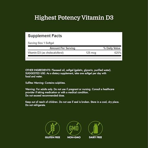Swanson Vitamin D3 5,000 IU, 125 mcg Cholecalciferol, 250 Softgels | For Sun-Deprived Adults Seeking Bone, Immune, and Heart Support, 125 mcg Cholecalciferol, the Active Vitamin D3