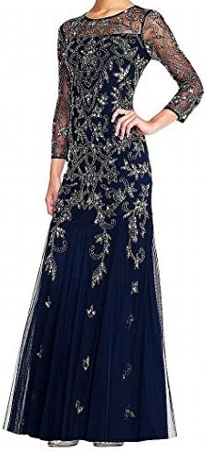 Adrianna Papell Women's Long Sleeve Bead Dress | Floor Length Formal Gown with Intricate Beading & 3/4 Length Sleeves