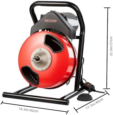 drain cleaner machine，50 Ft x1/2 Inch Electric drain auger, Portable Design, Comes with 6 knife heads, gloves，Foot air switch control