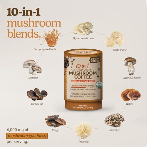 ShroomDNA Mushroom Coffee Blend with Chaga & Lion's Mane | Instant Focus + Clarity All Day | Organic + Vegan + Gluten Free | No Added Sugar | 20 Count