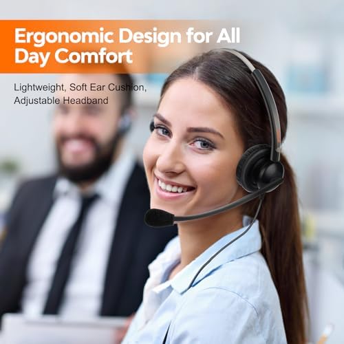 Lightweight Telephone Headset with 2.5mm Bottom Cable and Mute Button for Office Calls, Works with Cisco Polycom Panasonic Landline IP Desk Phones