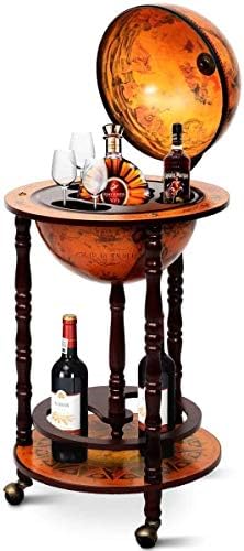 17" Wooden Globe Wine Rack, Wooden Globe Wine Bar Stand, Freely Movable Stable Liquor Bottle Shelf, Nautical Chart Wine Storage Cabinet