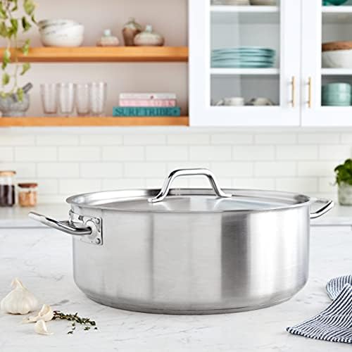 Winco 15 qt Stainless Steel Brazier Pan with Lid | Flat bottom, Wide base, Riveted handles, Induction safe, Great for Braising, Simmering, Batch Cooking and Restaurant Kitchens