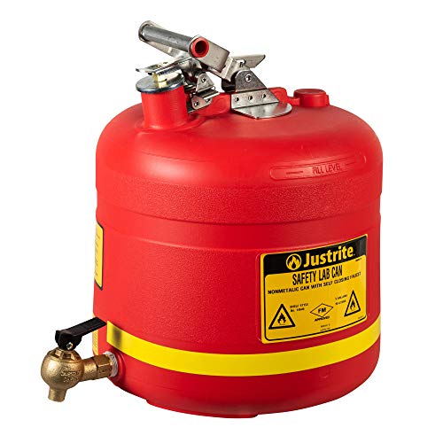 Justrite 14545 Polyethylene Nonmetallic Safety Shelf Can with Self-Close Brass Faucet, 5 Gallon Capacity, Red
