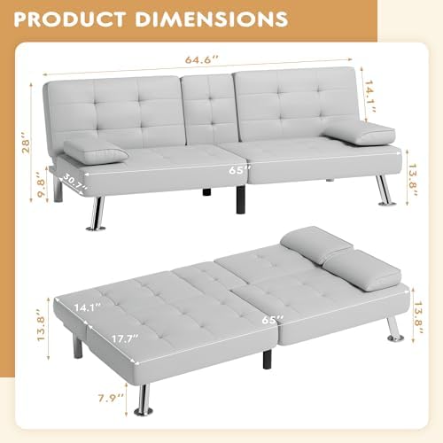 JUMMICO Faux Leather Futon Sofa Bed, Sleeper Sofa with Adjustable Backrest