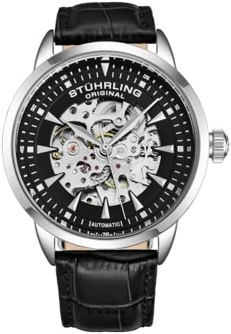 Stuhrling Original Mens Skeleton Automatic Dress Watch with Alligator Embossed Leather Strap Skeleton Dial