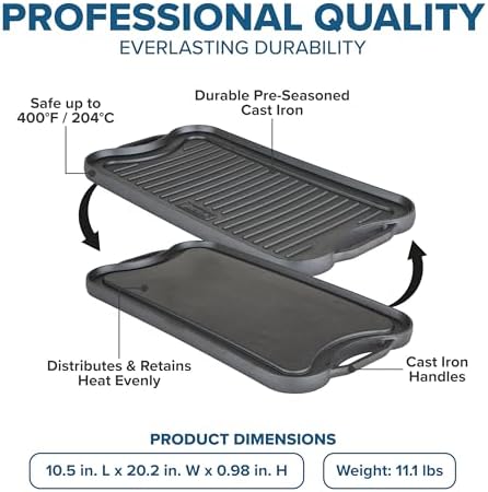 Viking Griddle, 20 Inch Reversible Cast Iron Grill Pan, Pre-Seasoned, Oven Safe, Induction Ready, Black