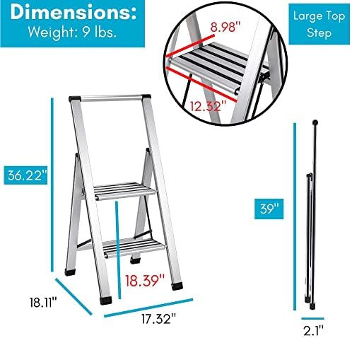 BIRDROCK HOME 2 Step Ladder | Folding Anti-Slip Step Stool, 250 lb Capacity | Lightweight, Slim & Sturdy Design for Household, Kitchen, Garage
