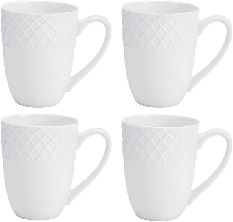 Mikasa Trellis 16-Piece Bone China Dinnerware Set, White, Includes Dinner Plates, Salad Plates, Cereal Bowls and Mugs, Dishwasher Safe
