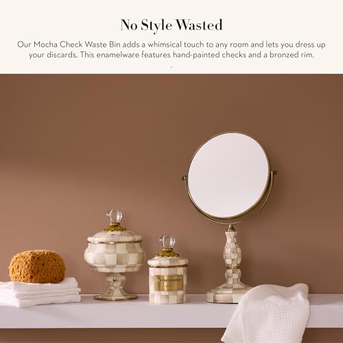 MACKENZIE-CHILDS Waste Bin, Black-and-White Courtly Check | Hand-painted design, made from enameled steel, decorative bedroom or bathroom trash can, 8" dia. x 9.5" H