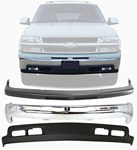 Front Bumper Chrome Steel + Upper Cover Primed + Lower Valance For 1999-2002 Chevy Silverado 1500/2000-2006 Chevrolet Tahoe Suburban 1500 Direct