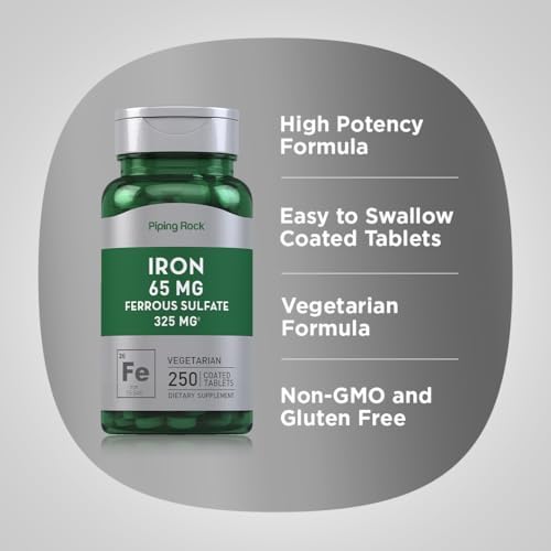 Piping Rock Iron Ferrous Sulfate 65 mg | 250 Tablets | Iron Supplement | High Potency Formula | Vegetarian, Non-GMO, Gluten Free