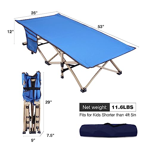 REDCAMP Extra Long Kids Cot for Camping 2-7 Years, Portable Travel Toddler Cot Bed with Carry Bag, Lightweight for Outdoor Indoor Home, Blue 53''x26''