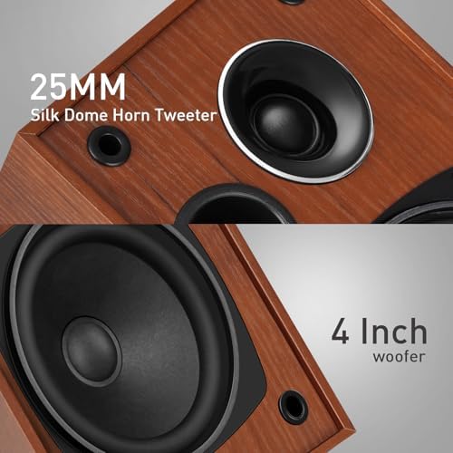 Elimavi Passive Bookshelf Speakers, Requires a Receiver or Amplifier, Brown | 2-Way Design with 4" Woofer & 1" Silk Horn Tweeter, 60Hz Bass, Rear Speakers for Home Theater Surround Sound, Cables included