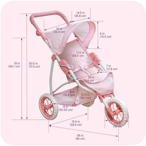 Badger Basket Foldable Jogging Style Doll Stroller - Adjustable Handle, Canopy, Straps & Basket - Fits 18-22" Dolls