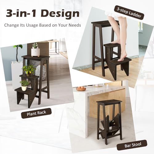 Costzon Folding 3 Step Stool, 3 in 1 Wooden Step Ladder with Handle, Non-Slip Pedal, Multifunctional Storage Shelf, Flower Rack for Kitchen, Library, Garage, Foldable Step Stool for Adults Kids