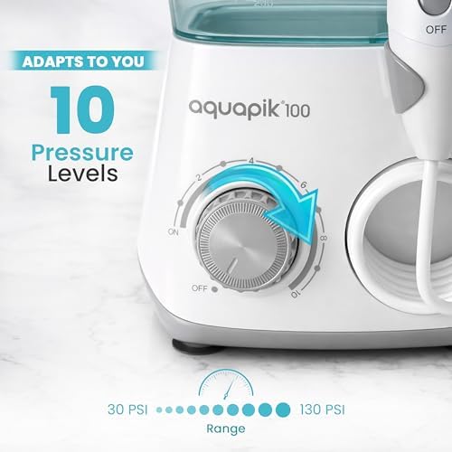 Bostontech Aquapik 100 Countertop Water Flosser for Teeth, 600 ml Corded Oral Irrigator with 10 Pressure Levels, 8 Nozzles Including Nasal Tip