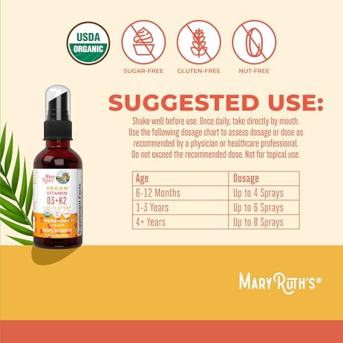 MaryRuth's Organic D3 + K2 Spray for Adults & Kids for Bone Health, 1 Fl Oz | Bone Health, Vitamin D3 as Cholecalciferol, Immunity, Mineral Absorption