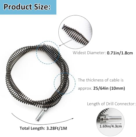 Amonk Drain Auger Cable 3.28Ft Clog Remover with Drill Connector 10mm Flexible Plumbing Snake Pipe Drain Cleaner for Kitchen, Bathroom and Shower Sink