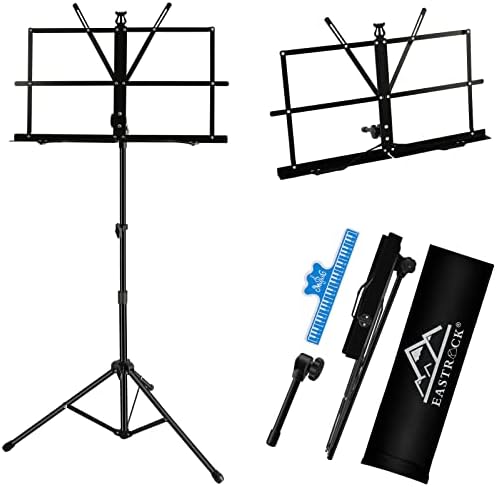 EASTROCK Foldable Sheet Music Stand, 28"-54" Adjustable Height | Lightweight Metal, 2-in-1 Desktop and Floor Stand, with Carrying Bag and Clips