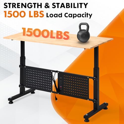 48" Adjustable Workbench, Work Table with Wheels and Power Outlet | 2000LBS Load Capacity Rubber Wood Top Workstation, Heavy-Duty Craft Table for Garage Workshop