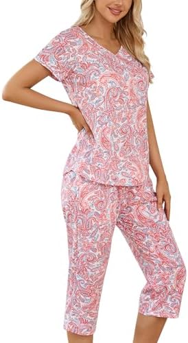 ENJOYNIGHT Womens Pajama Set Cotton Summer Pj Top with Capri Pant Sleepwear