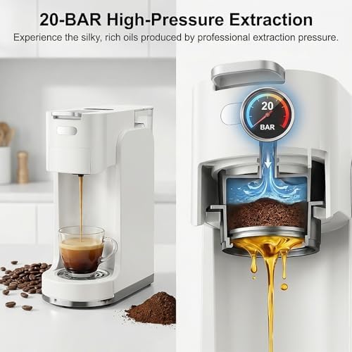 Single-Serve Coffee Maker, 4 in 1 Hot and Iced Coffee Machine, 20-Bar Espresso Coffee Maker for Ground Coffee, K-Cup Pod, NES Original and DG Pod