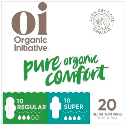 Oi | Organic Initiative - Ultra Thin Pads with Wings, 20 Count (10 Regular/10 Super) | 100% Certified Organic Cotton Pads, Unscented | Leak Free, Biodegradable Thin Pads for Women | Non-GMO, Non Toxic