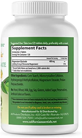 Magnesium Glycinate 400 - Chelated, High Absorption Magnesium for Muscle Relief, Bone & Heart Support -Vegan, Non-GMO, Gluten-Free 240 Tablets (Servings 120, Serving Size (2) 200mg Tablets)