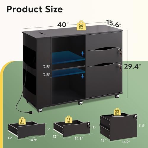 DEVAISE File Cabinet with Lock, Printer Stand with Charging Station Black | Lateral Mobile Filing Cabinets, Lock & Open Storage Shelves