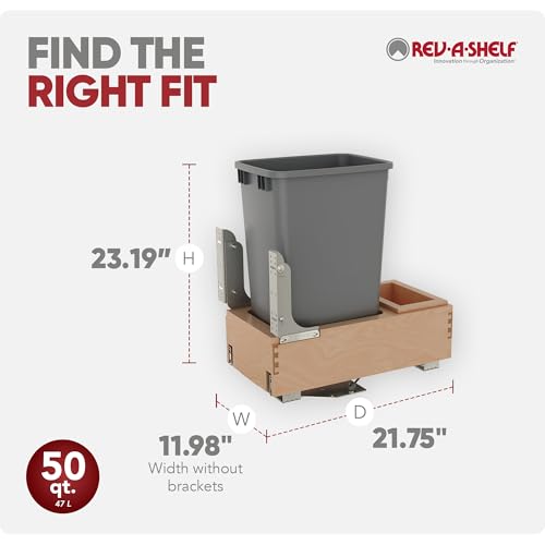 Rev-A-Shelf Pullout Under Counter Trash Can, 50 Qt 12.5 Gal Garbage Container with Soft-Close and Soft-Open Slides, Silver, 4WCBM-1550DM-1