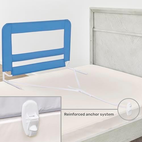 Dream On Me Mesh Security Bed Guard Rail for Toddlers 2–5 Years, Fits Twin–King Beds, Reinforced Anchor System, 2 Adjustable Heights, Blue