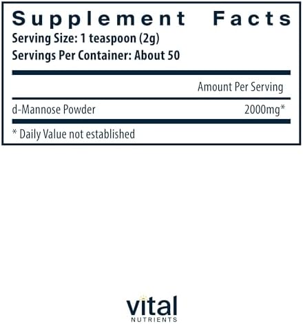Vital Nutrients Mannose Powder 50g - Vegan D-Mannose Supplement for Urinary Tract and Bladder Support - Gluten, Dairy, Soy Free - Non-GMO - 25 Servings