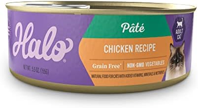 Halo Wet Cat Food Real Chicken Recipe, Grain-Free Wet Pate, Canned Cat Food for Extra Hydration, 5.5 Oz Can (Pack of 12)