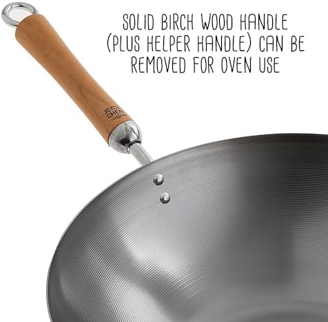 JOYCE CHEN Classic Series 14-Inch Uncoated Carbon Steel Wok Set with Lid and Birch Handles, 4 Pieces