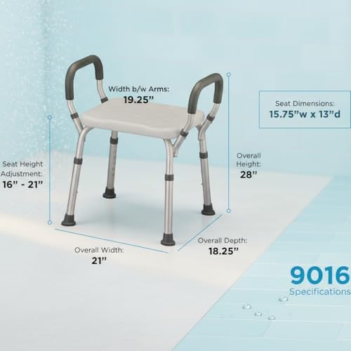 NOVA Bath & Shower Seat with Padded/Removable Arms - for Seniors, Handicap & Medical Use, Adjustable Height, Aluminum Frame, Non-Skid Safety