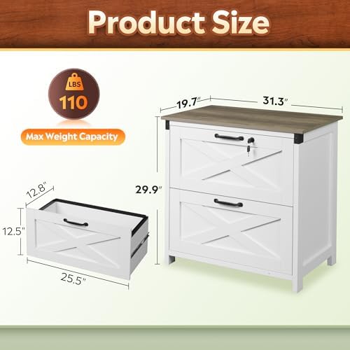 DEVAISE 2-Drawer Lateral File Cabinet with Lock, White | Wood, Office Storage Cabinet, Letter, Legal & A4 Compatible, Farmhouse Style, Printer Stand, Home Office