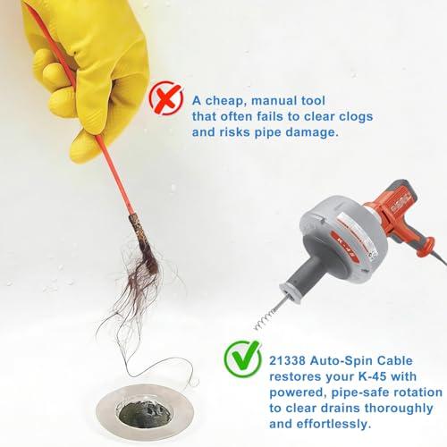 21338 Auto-Spin Replacement Cable for Ridgid - 1/4" x 30' Drain Snake Cable Compatible with K-45 Sink Machine