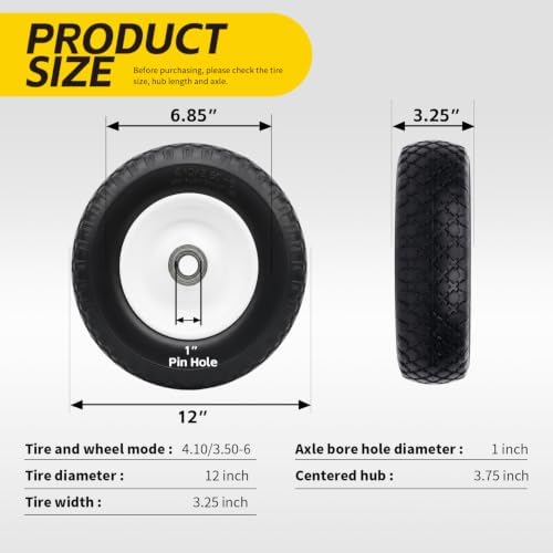 MaxxHaul 12" Flat Free Solid Tire 4.10/3.50-6" Replacement Wheel – 1" Bore 5/8" Adapter & 3.75" Center Hub – Fits Compatible Trailer Dollies &