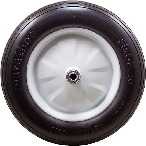 Marathon 4.80/4.00-8" Flat Free Wheelbarrow Tire on Wheel, 6" Centered Hub, 5/8" Ball Bearings, Ribbed Tread