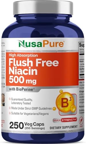 Flush Free Niacin, Non-GMO, Vegan 500mg, 250 Veggie Capsules - 250 Servings