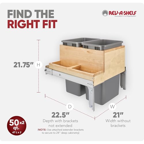 Rev-A-Shelf Double Top-Mount Pullout Trash Can, Min Opening 15" W, 35 Qt | Under Kitchen Cabinet Large Capacity Waste/ Recycling Containers, 150 Lbs Rated Full-Extension Slides, 4WCTM-18BBSCDM2 Silver